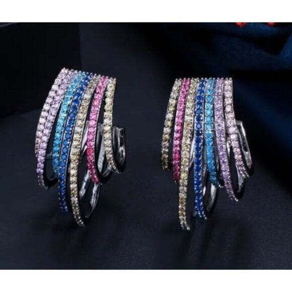 18k Gold Plated Multi-Color Simulated Diamond Zircon Half-Circle Drop Earring - Picture 5 of 6